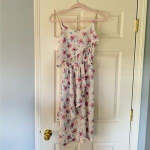 Jody California Floral Ruffle Dress White Pink Blue Sleeveless Summer Party Flow